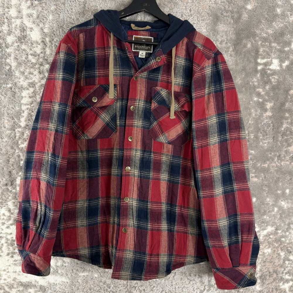 Legendary Outfitters Size M Plaid Quilted Lined Hooded Flannel Shirt Red Men